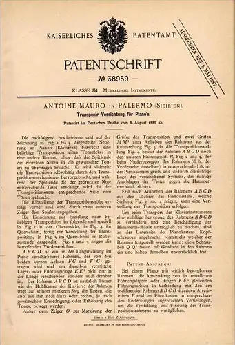 Original Patentschrift - A. Mauro in Palermo , Sicilia , 1886 , Appareil pour piano, instrument de musique !!!