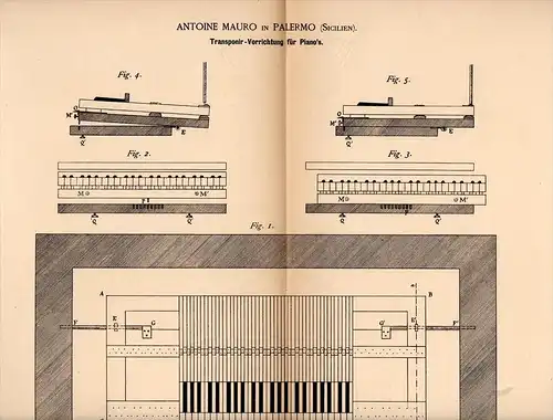 Original Patentschrift - A. Mauro in Palermo , Sicilia , 1886 , Appareil pour piano, instrument de musique !!!