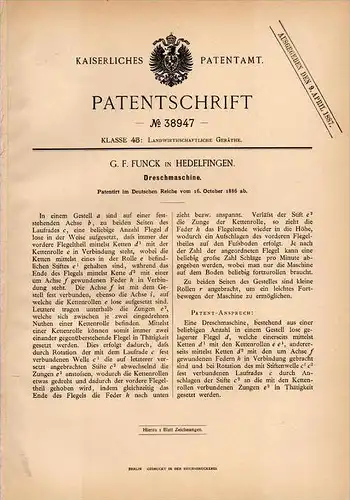 Original Patentschrift -  G.F. Funck in Hedelfingen b. Stuttgart , 1886 , Dreschmaschine , Landwirtschaft !!!