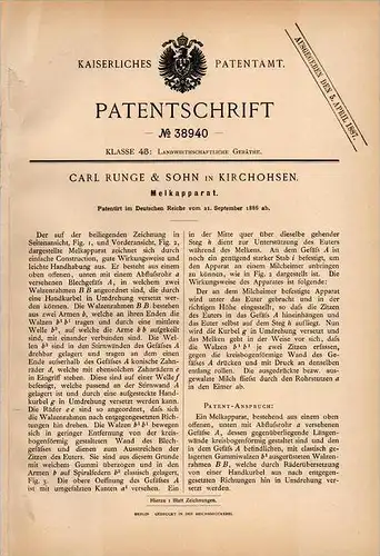 Original Patentschrift - Carl Runge in Kirchohsen b. Emmerthal , 1886 , Melkmaschine , Melken , Milch , Landwirtschaft !