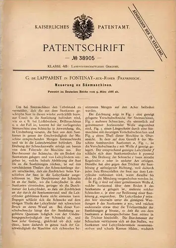 Original Patentschrift - G. de Lapparent dans Fontenay aux Roses , 1886 , semoir, de l'agriculture, des semences !!!