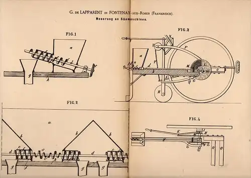 Original Patentschrift - G. de Lapparent dans Fontenay aux Roses , 1886 , semoir, de l'agriculture, des semences !!!