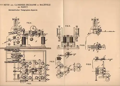 Original Patentschrift - F. Meyer , Glossinde - Decharme dans Malzéville , 1886, Appareil de télégraphie , telegraphy !!