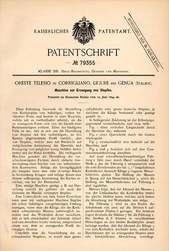 Original Patentschrift -  O. Telesio in Cornigliano , Ligure , 1894 , Macchina per tappi di sughero  !!!