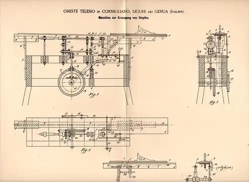 Original Patentschrift -  O. Telesio in Cornigliano , Ligure , 1894 , Macchina per tappi di sughero  !!!