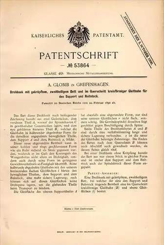 Original Patentschrift - A. Glomb in Greifenhagen , 1890 , Drehbank , Dreherei , Maschinenbau , Dreher !!!