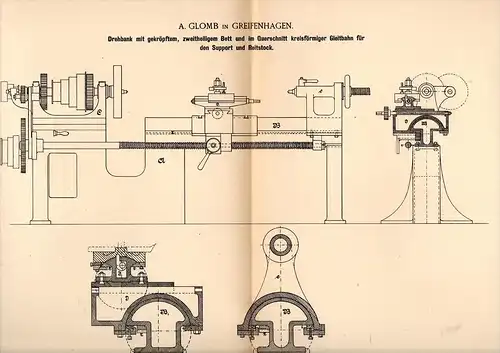 Original Patentschrift - A. Glomb in Greifenhagen , 1890 , Drehbank , Dreherei , Maschinenbau , Dreher !!!