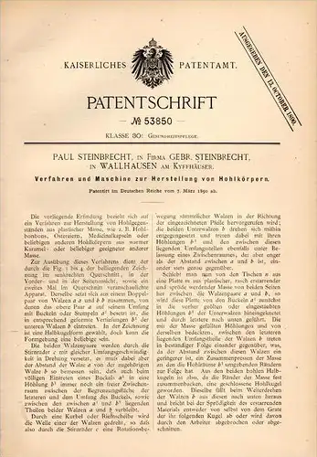 Original Patentschrift - P. Steinbrecht in Wallhausen am Kyffh., 1890 , Maschine für Hohlkörper , Ostereier , Karamel !!