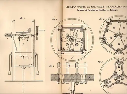 Original Patentschrift -G. Robinski und M. Villaret in Krotoschin / Krotoszyn i. Posen , 1889 , Apparat für Dachziegel !