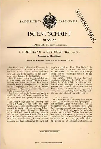 Original Patentschrift - F. Dohrmann in Sulingen b. Diepholz , 1889 , Neuerung an Centrifugen , Trockner !!!