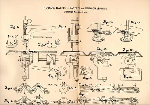 Original Patentschrift - H. Hartig in Kändler b. Limbach i.S. , 1889  , Zierstich - Nähmaschine , Näherei !!!