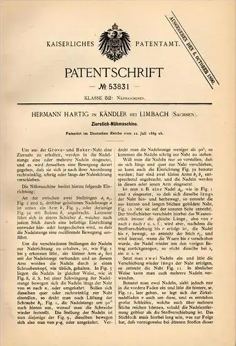 Original Patentschrift - H. Hartig in Kändler b. Limbach i.S. , 1889  , Zierstich - Nähmaschine , Näherei !!!