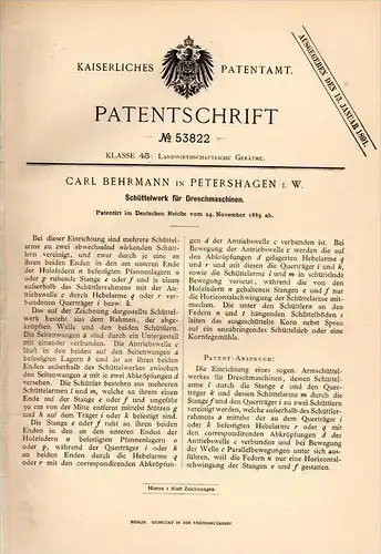 Original Patentschrift -  Carl Behrmann in Petershagen i.W. , 1889, Apparat für Dreschmaschine , Landwirtschaft , Minden