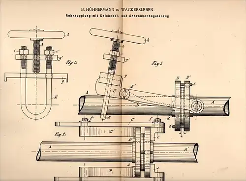 Original Patentschrift - B. Hühnermann in Wackersleben b. Hötensleben , 1890 , Rohrkupplung , Maschinenbau , Klempner !!