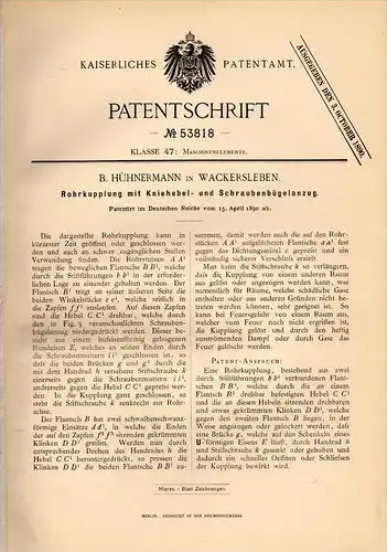 Original Patentschrift - B. Hühnermann in Wackersleben b. Hötensleben , 1890 , Rohrkupplung , Maschinenbau , Klempner !!
