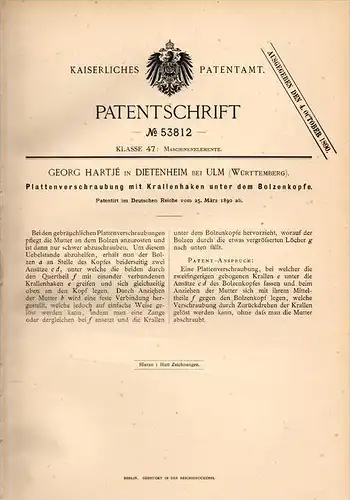 Original Patentschrift - Georg Hartjé in Dietenheim b. Ulm , 1890 , Verschraubung für Platten , Maschinenbau , Bolzen !!
