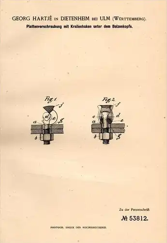 Original Patentschrift - Georg Hartjé in Dietenheim b. Ulm , 1890 , Verschraubung für Platten , Maschinenbau , Bolzen !!