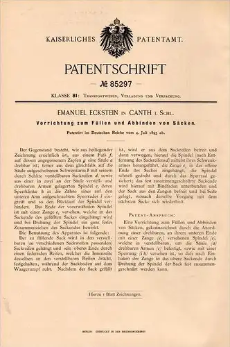 Original Patentschrift -E. Eckstein in Canth / Katy Wroclawskie i. Schlesien ,1895, Apparat für Säcke , Sack ,