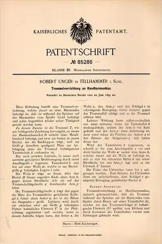 Original Patentschrift - R. Unger in Fellhammer / Ku&#378;nice &#346;widnickie ,1895, Hand - Harmonika , Munharmonika ,