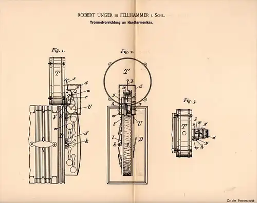 Original Patentschrift - R. Unger in Fellhammer / Ku&#378;nice &#346;widnickie ,1895, Hand - Harmonika , Munharmonika ,