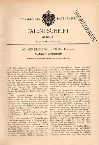 Original Patentschrift - Lilienberg in Talsen / Talsi , Kurland , 1894 , Knopf zum Einschrauben , Kleider , Knöpfe !!!