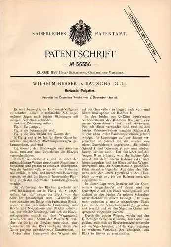 Original Patentschrift - W. Besser in Rauscha / Ruszów b. Kohlfurt / W&#281;gliniec , 1890 , Gatter für Sägewerk , Tisch