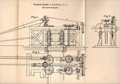 Original Patentschrift - W. Besser in Rauscha / Ruszów b. Kohlfurt / W&#281;gliniec , 1890 , Gatter für Sägewerk , Tisch