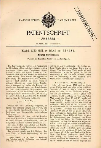 Original Patentschrift - Karl Demmel in Bias b. Zerbst , 1890 , Meßrad - Kurvenmesser , Geometrie , Physik !!!
