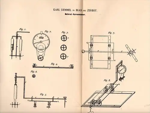Original Patentschrift - Karl Demmel in Bias b. Zerbst , 1890 , Meßrad - Kurvenmesser , Geometrie , Physik !!!