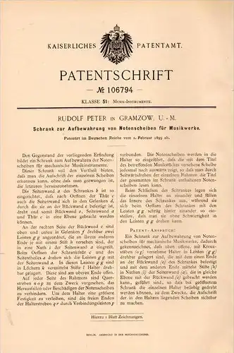 Original Patentschrift - Rudolf Peter in Gramzow , Uckermark ,1899, Schrank für Notenscheiben , Musik , Noten , Prenzlau
