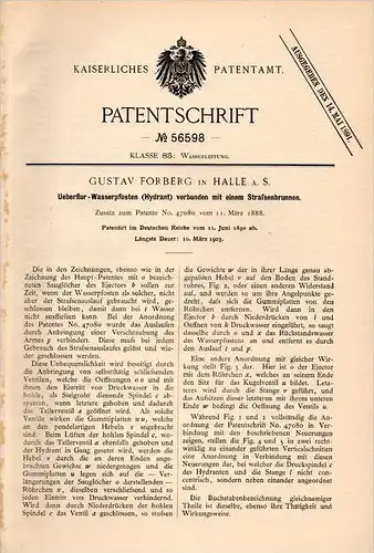 Original Patentschrift - G. Forberg in Halle a.S., 1890 , Hydrant verbunden mit Straßenbrunnen , Brunnen !!!