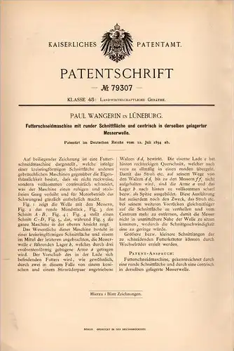 Original Patentschrift - Paul Wangerin in Lüneburg , 1894 , Futter - Schneidmaschine , Landwirtschaft , Agrar, Bauer !!!