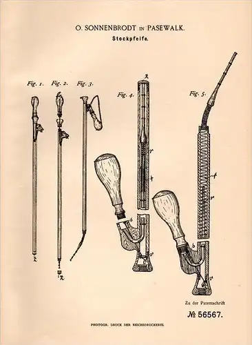 Original Patentschrift - O. Sonnenbrodt in Pasewalk i. Mecklenburg , 1890 , Stockpfeife , Pfeife , Tabak , Rauchen !!!