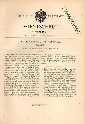 Original Patentschrift - O. Sonnenbrodt in Pasewalk i. Mecklenburg , 1890 , Stockpfeife , Pfeife , Tabak , Rauchen !!!