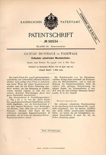 Original Patentschrift - G. Duvinage in Pasewalk i. Meckl., 1890 , Muschelschieber für Dampfmaschine !!!