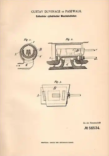 Original Patentschrift - G. Duvinage in Pasewalk i. Meckl., 1890 , Muschelschieber für Dampfmaschine !!!