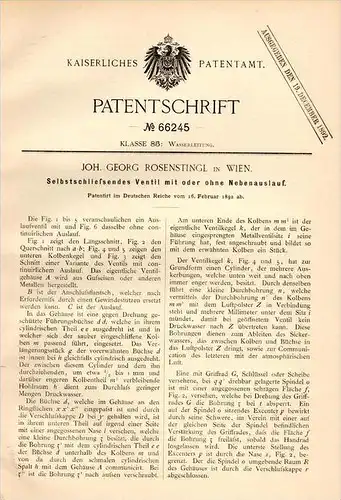 Original Patentschrift - J. Rosenstingl in Wien , 1892 , selbstschließendes Ventil , Wasserwerk !!!