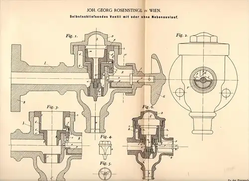Original Patentschrift - J. Rosenstingl in Wien , 1892 , selbstschließendes Ventil , Wasserwerk !!!