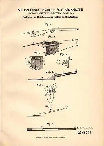 Original Patentschrift - W. Hamner in Fort Assinaboine , 1892 , Attachment for the rifle spade !!!