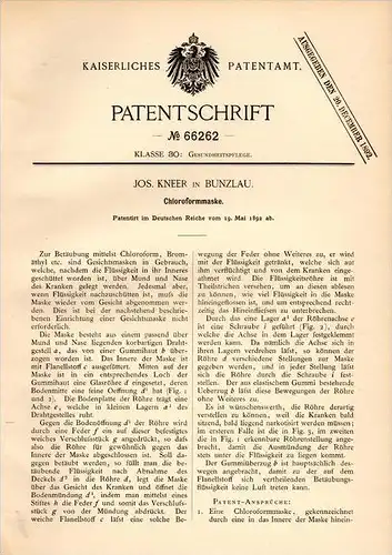 Original Patentschrift - Jos. Kneer in Bunzlau / Boleslawiec , 1892 , Chloroform - Maske , Gesichtsmaske , Arzt !!!
