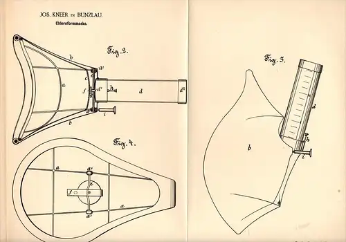 Original Patentschrift - Jos. Kneer in Bunzlau / Boleslawiec , 1892 , Chloroform - Maske , Gesichtsmaske , Arzt !!!