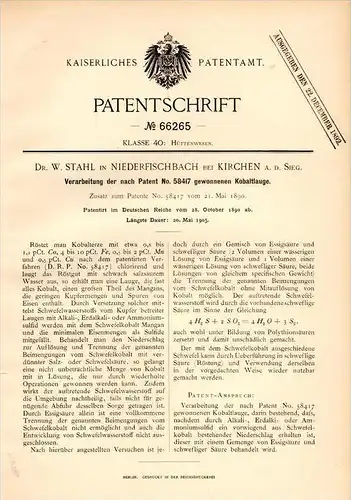 Original Patentschrift - Dr. W. Stahl in Niederfischbach b. Kirchen a.d. Sieg , 1890 , Verarbeitung von Kobaltlauge !!!