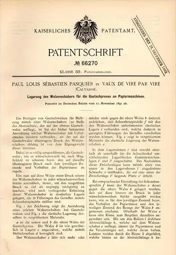 Original Patentschrift -P.L. Pasquier dans Vire , Calvados ,1891,Stockage à la presse de machine à papier , Vaux de Vire