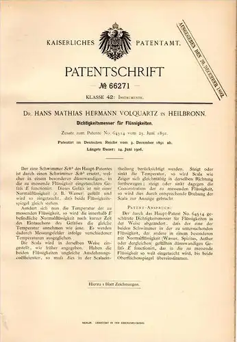 Original Patentschrift - Dr. H. Volquartz in Heilbronn , 1891 , Dichtigkeitsmesser für Flüssigkeiten !!!