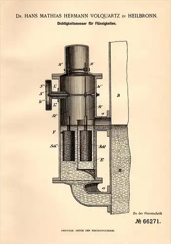 Original Patentschrift - Dr. H. Volquartz in Heilbronn , 1891 , Dichtigkeitsmesser für Flüssigkeiten !!!