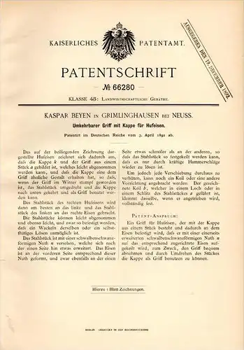 Original Patentschrift - K. Beyen in Grimlinghausen b. Neuss , 1892 , Hufeisen mit Griff , Pferd , Hufschmied !!!