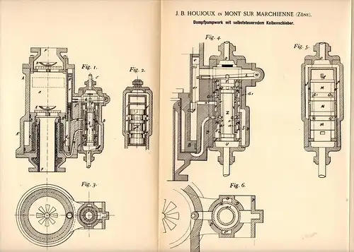 Original Patentschrift - J. Houjoux dans Mont sur Marchienne ,1891, Pompe à vapeur avec contrôle moteur , de la vapeur