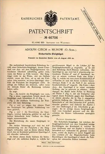 Original Patentschrift - A. Czech in Murow b. Oppeln , 1888 , Steigbügel , Pferde , Sattel , Reiten !!!