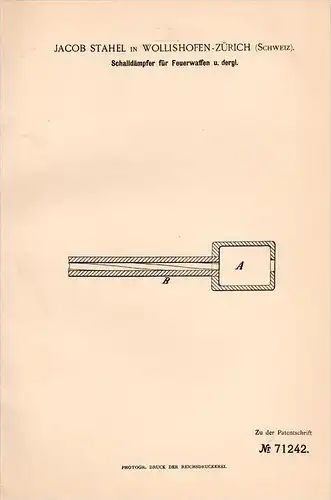 Original Patentschrift - J. Stahel in Wollishofen - Zürich , 1892 , Schalldämpfer für Feuerwaffe , Pistole  !!!