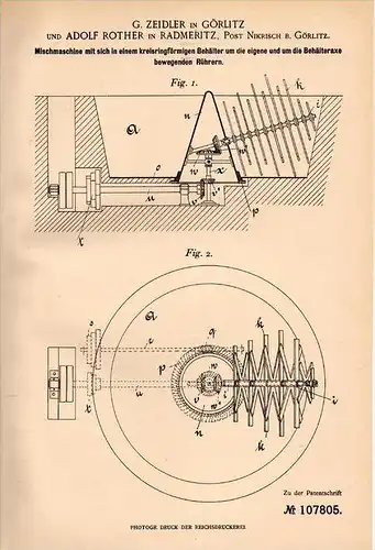 Original Patentschrift - G. Zeidler und A. Rother in Görlitz und Radmeritz , 1898 , Mischer , Radomierzyce , Nikrisch